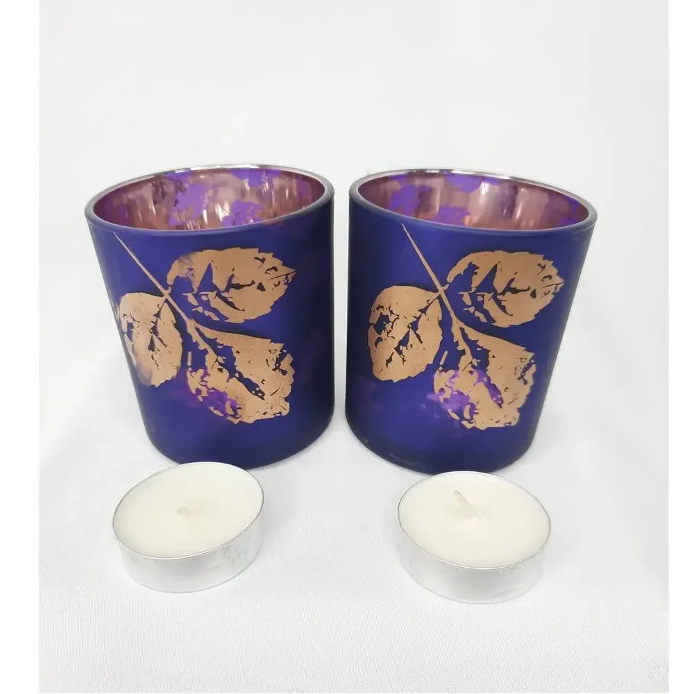 Yankee Candle Votive Candle Holders Pair Midnight Fall Glass Purple Copper Leaf